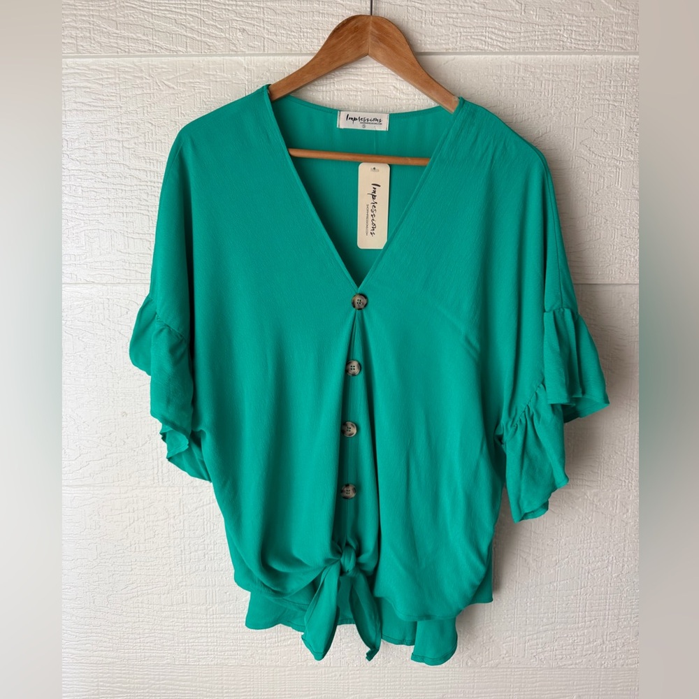 Impressions Boutique Teal Button Front Tie Top Small NWT